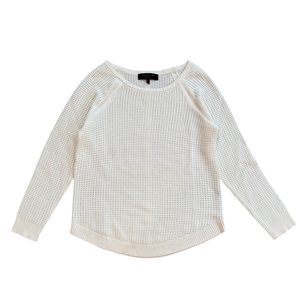 Rag‎ & Bone Cream White Waffle Knit Raglan Sleeve Sweater Curved Hem Small